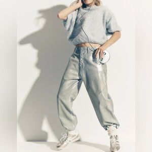 Pilcro Anthropologie Arin Mid Rise Crop Wide Barrel Jeans Coated Silver 27P